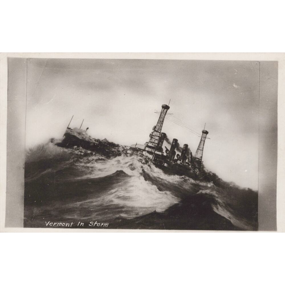 RPPC USS Vermont BB-20 In Storm US Navy Ship Real Photo Postcard